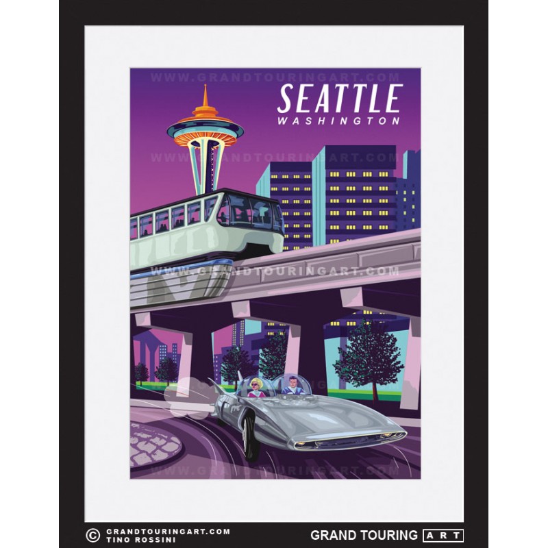 seattle washington united states usa vintage roadside america travel poster classic car