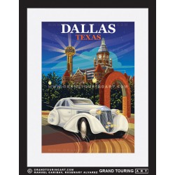 county courthouse and reunion tower west end dallas texas united states usa vintage roadside america travel poster classic car