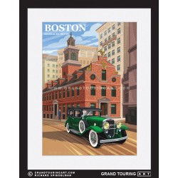 old state house boston massachusetts united states usa vintage roadside america travel poster classic car
