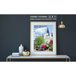 1935 duesenberg sj boattail speedster vintage car art roadside america new orleans louisiana travel poster for sale garage decor