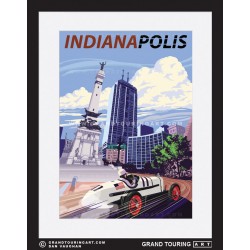 downtown indianapolis indiana united states usa vintage roadside america travel poster white racecar classic car