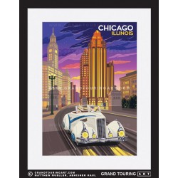 chicago illinois united states usa vintage roadside america travel poster white car classic car
