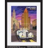 chicago illinois united states usa vintage roadside america travel poster white car classic car