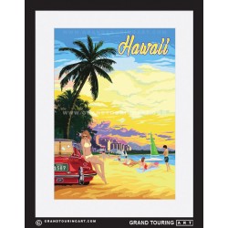 waikiki beach honolulu hawaii united states usa vintage roadside america travel poster classic car