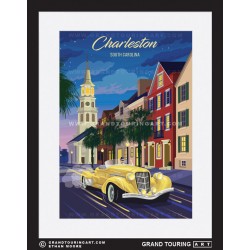french quarter st church charleston south carolina united states usa vintage roadside america travel poster classic car
