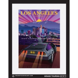 mulholland drive downtown la skyline los angeles united states usa vintage roadside america travel poster classic car